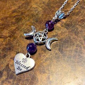 Blessed Be Purple Amethyst heart Pentagram Silver Pentacle Necklace Jewelry Moon